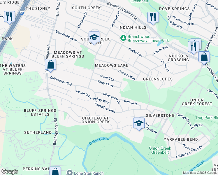 map of restaurants, bars, coffee shops, grocery stores, and more near 4400 Patsy Parkway in Austin