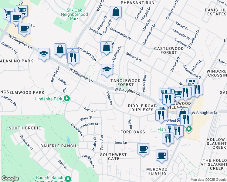 map of restaurants, bars, coffee shops, grocery stores, and more near 2614 Howellwood Way in Austin