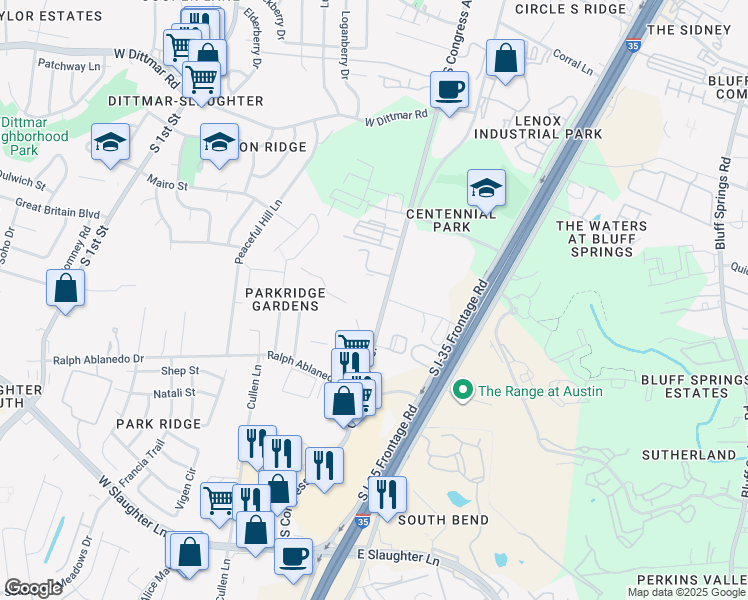 map of restaurants, bars, coffee shops, grocery stores, and more near 8200 South Congress Avenue in Austin