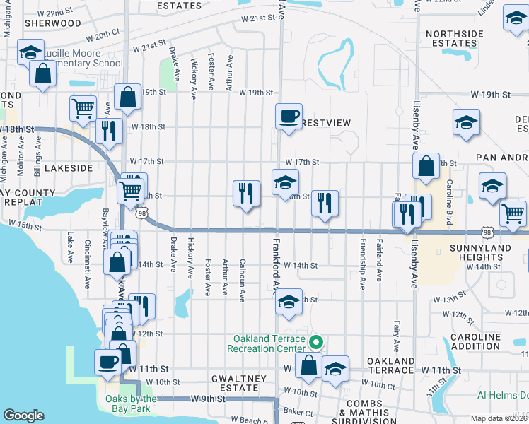 map of restaurants, bars, coffee shops, grocery stores, and more near 1517 Clay Avenue in Panama City