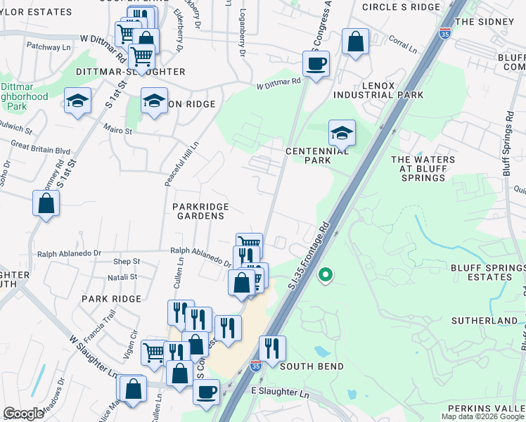 map of restaurants, bars, coffee shops, grocery stores, and more near 8200 South Congress Avenue in Austin