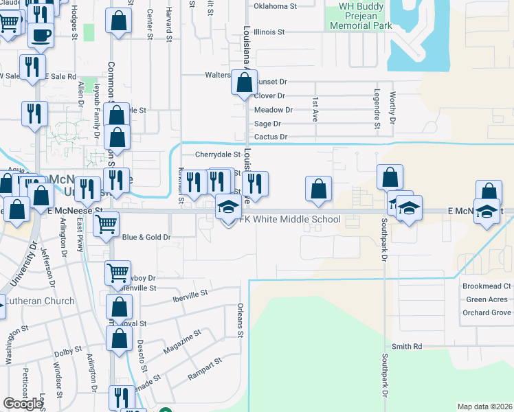 map of restaurants, bars, coffee shops, grocery stores, and more near 4498 Louisiana Avenue in Lake Charles