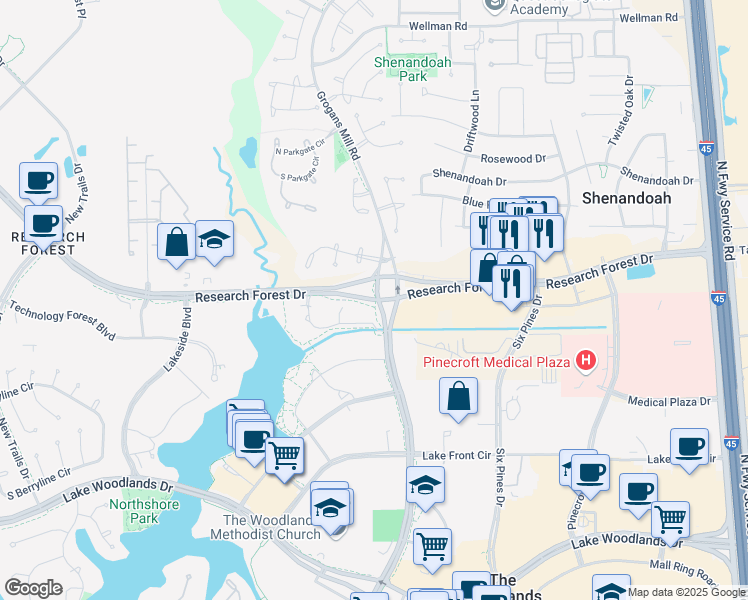 map of restaurants, bars, coffee shops, grocery stores, and more near 1909 Research Forest Drive in The Woodlands