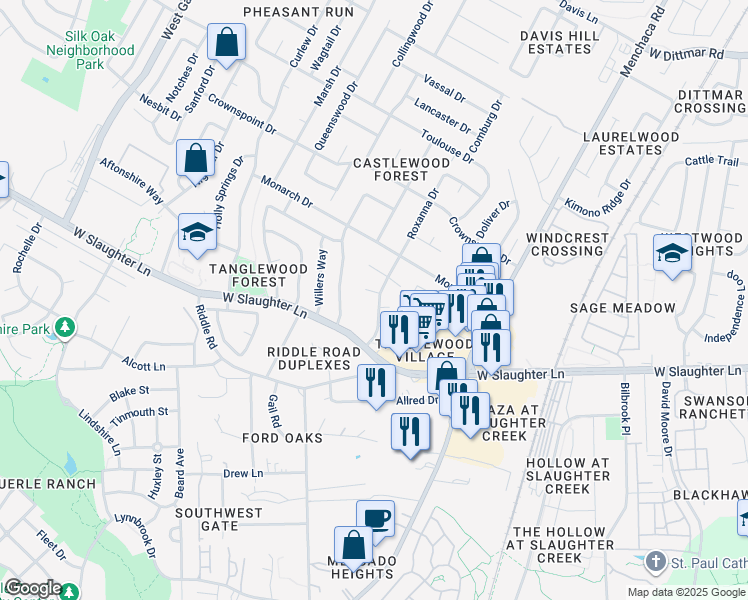 map of restaurants, bars, coffee shops, grocery stores, and more near 2301 Cedrick Cove in Austin