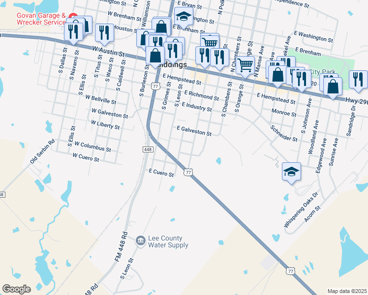 map of restaurants, bars, coffee shops, grocery stores, and more near 710 South Leon Street in Giddings