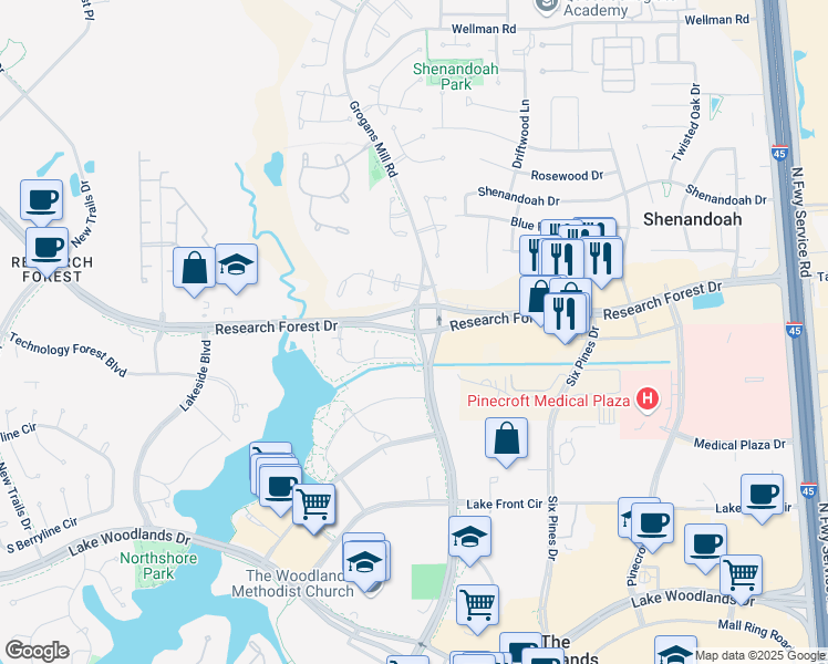 map of restaurants, bars, coffee shops, grocery stores, and more near 1909 Research Forest Drive in The Woodlands