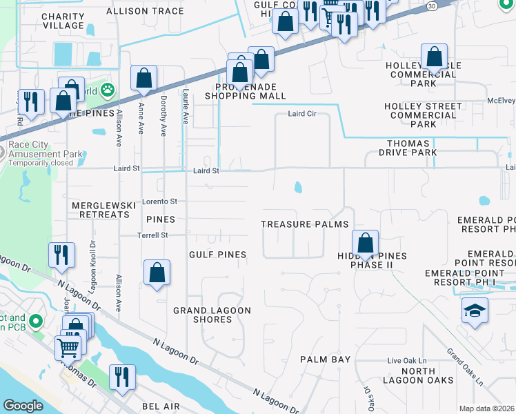 map of restaurants, bars, coffee shops, grocery stores, and more near 324 Fan Palm Place in Panama City Beach