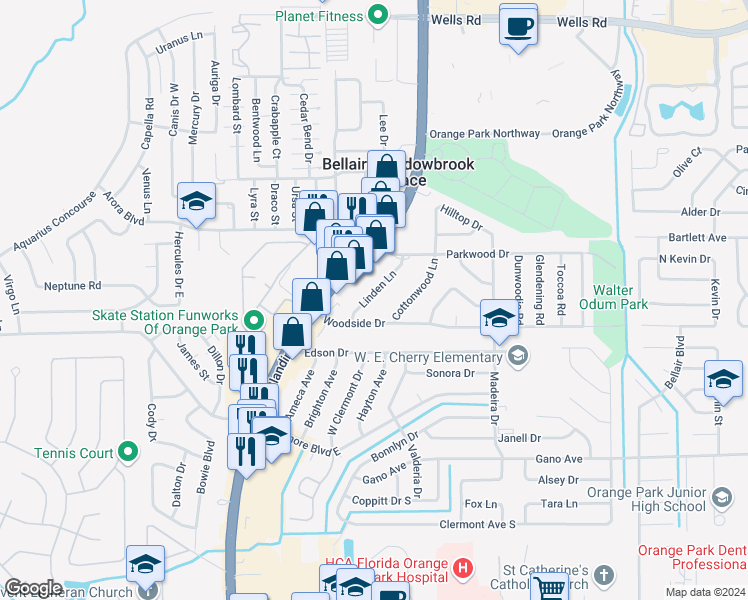 map of restaurants, bars, coffee shops, grocery stores, and more near 342 Linden Lane in Orange Park