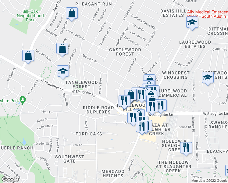 map of restaurants, bars, coffee shops, grocery stores, and more near 2308 Cedrick Cove in Austin