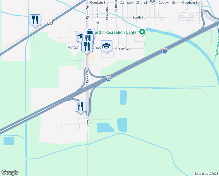 map of restaurants, bars, coffee shops, grocery stores, and more near 4600-4974 J Jardell Road in Vinton