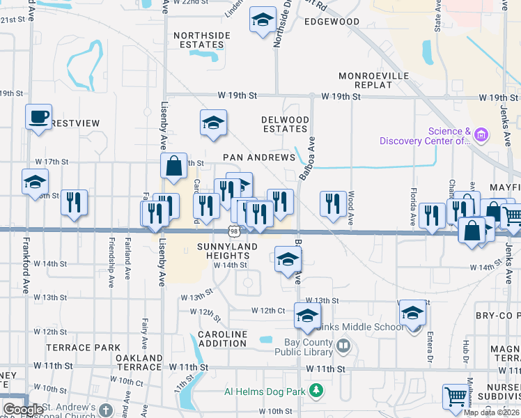 map of restaurants, bars, coffee shops, grocery stores, and more near 1524 Degama Avenue in Panama City