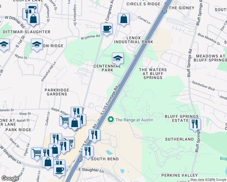 map of restaurants, bars, coffee shops, grocery stores, and more near 8100 South Interstate 35 Frontage Road in Austin