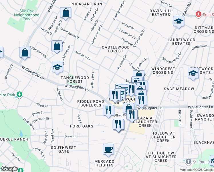 map of restaurants, bars, coffee shops, grocery stores, and more near 2308 Cedrick Cove in Austin