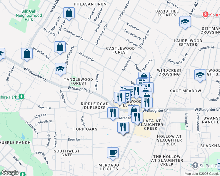 map of restaurants, bars, coffee shops, grocery stores, and more near 2308 Cedrick Cove in Austin