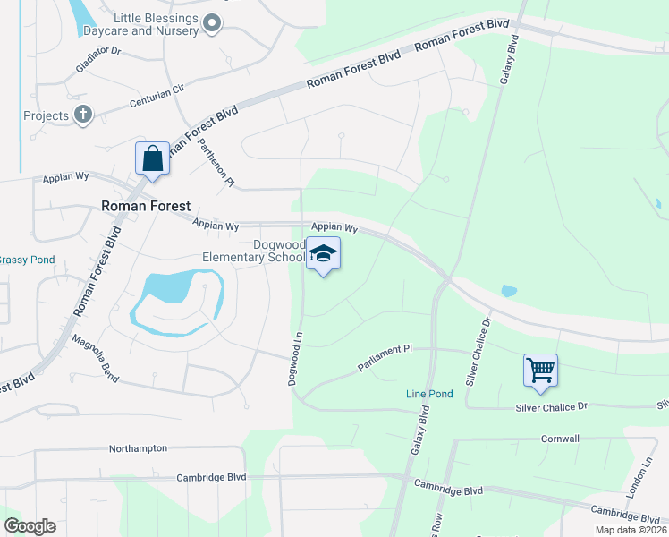 map of restaurants, bars, coffee shops, grocery stores, and more near 600 Dogwood in New Caney