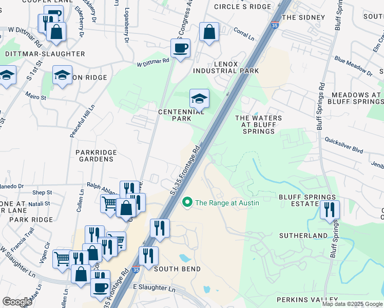map of restaurants, bars, coffee shops, grocery stores, and more near 8100 South Interstate 35 Frontage Road in Austin