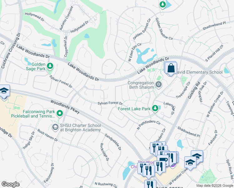 map of restaurants, bars, coffee shops, grocery stores, and more near 117 West Rainbow Ridge Circle in Spring