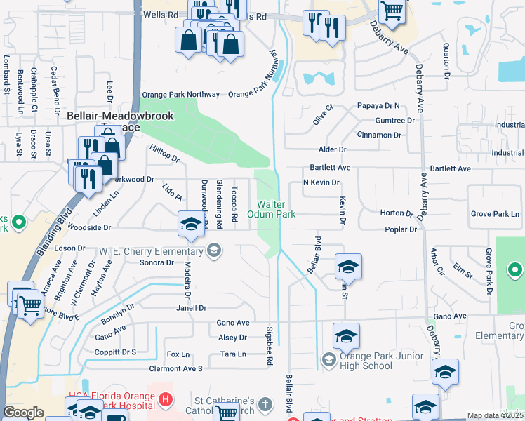 map of restaurants, bars, coffee shops, grocery stores, and more near 450 Parkwood Drive in Orange Park