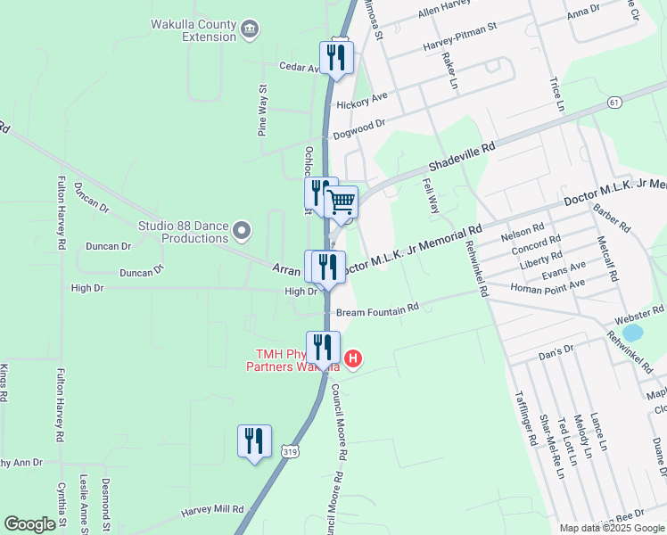 map of restaurants, bars, coffee shops, grocery stores, and more near 3033 Crawfordville Highway in Crawfordville