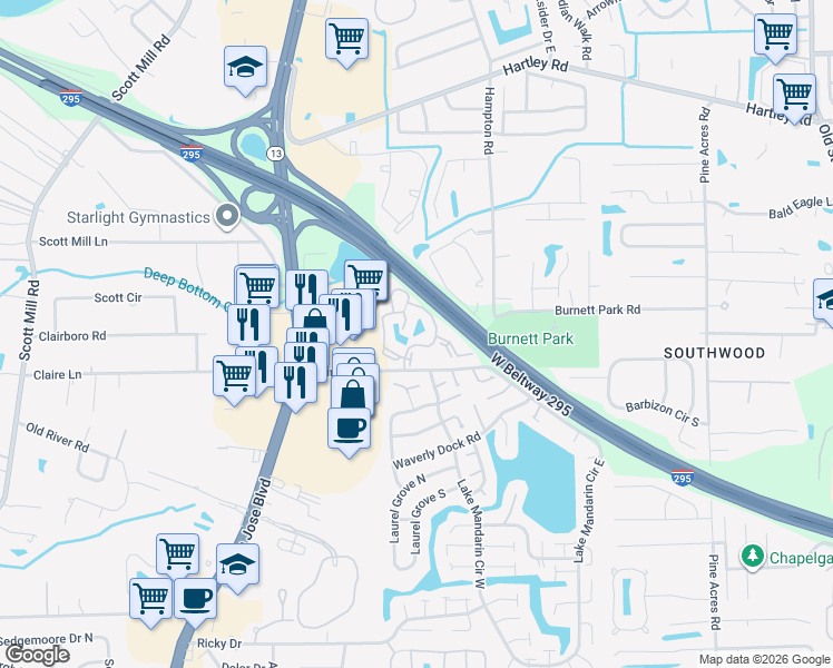 map of restaurants, bars, coffee shops, grocery stores, and more near 3355 Claire Lane in Jacksonville