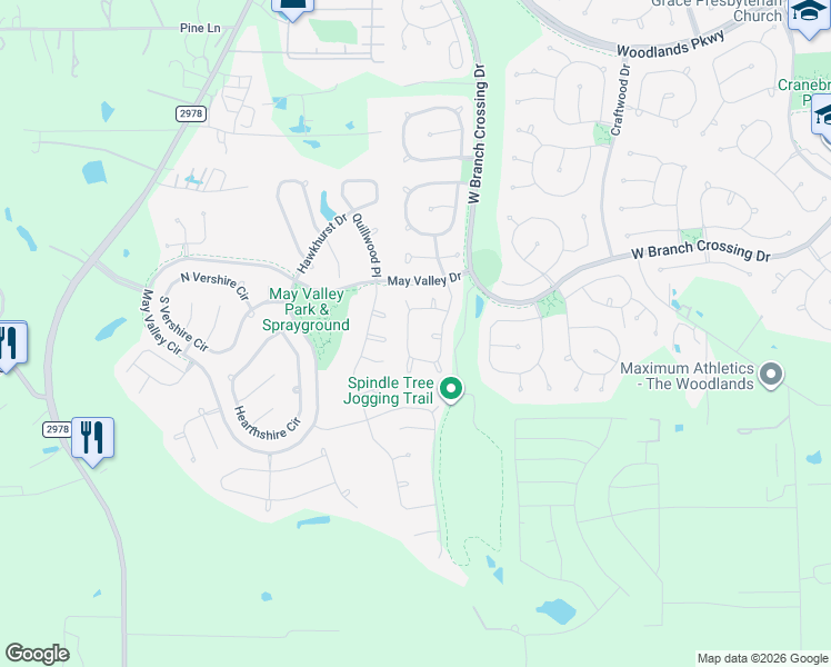 map of restaurants, bars, coffee shops, grocery stores, and more near 67 West Spindle Tree Circle in Spring