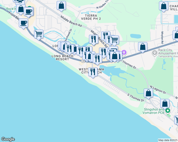 map of restaurants, bars, coffee shops, grocery stores, and more near 9900 South Thomas Drive in Panama City Beach