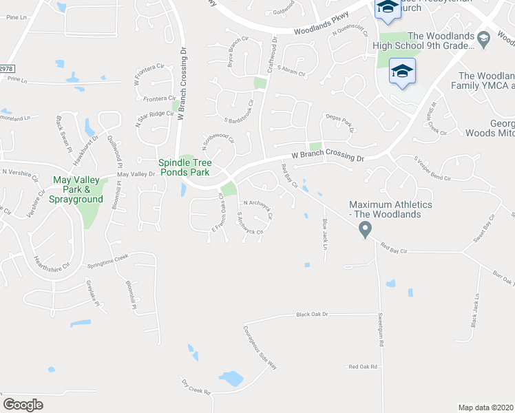 map of restaurants, bars, coffee shops, grocery stores, and more near 131 North Archwyck Circle in The Woodlands