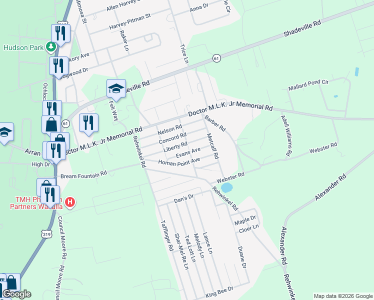 map of restaurants, bars, coffee shops, grocery stores, and more near 62 Liberty Road in Crawfordville