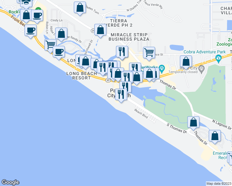 map of restaurants, bars, coffee shops, grocery stores, and more near in Panama City Beach