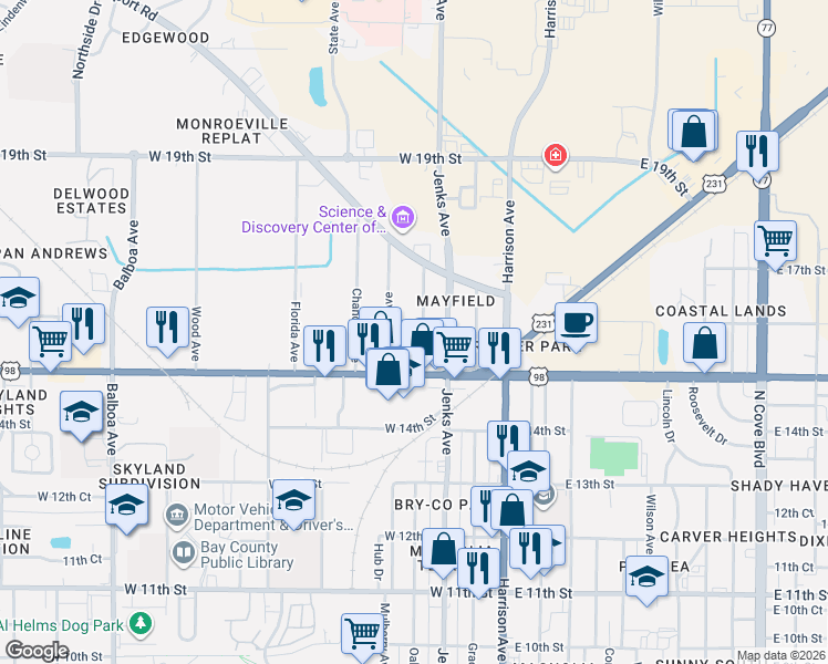 map of restaurants, bars, coffee shops, grocery stores, and more near 1527 Oak Avenue in Panama City