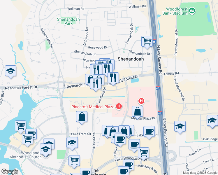 map of restaurants, bars, coffee shops, grocery stores, and more near 1501 Research Forest Drive in Shenandoah