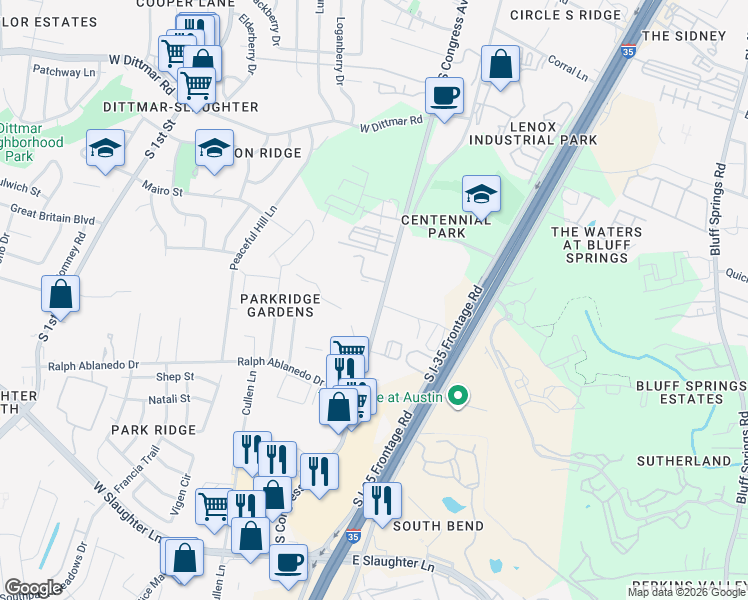 map of restaurants, bars, coffee shops, grocery stores, and more near 8200 South Congress Avenue in Austin