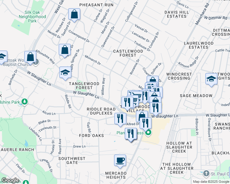 map of restaurants, bars, coffee shops, grocery stores, and more near 2308 Cedrick Cove in Austin