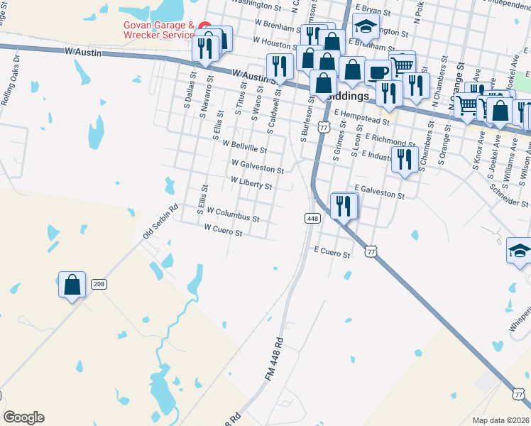 map of restaurants, bars, coffee shops, grocery stores, and more near 412 West La Grange Street in Giddings