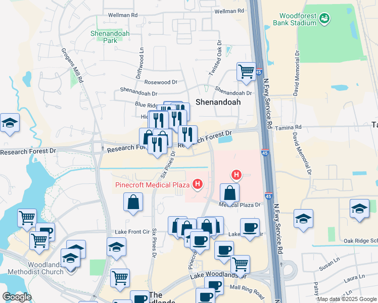 map of restaurants, bars, coffee shops, grocery stores, and more near 1501 Research Forest Drive in Shenandoah