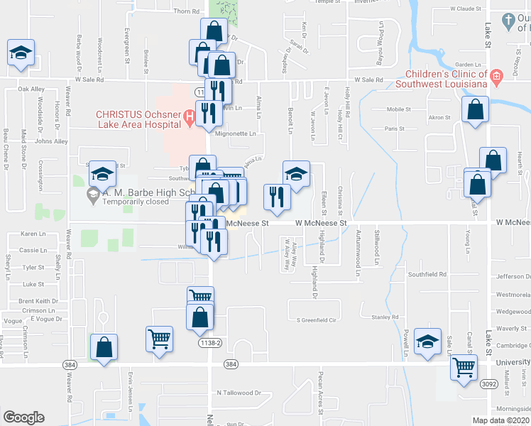 map of restaurants, bars, coffee shops, grocery stores, and more near 1520 West McNeese Street in Lake Charles