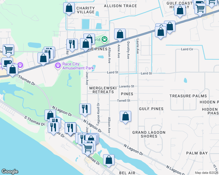 map of restaurants, bars, coffee shops, grocery stores, and more near 2402 Allison Avenue in Panama City