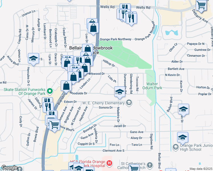 map of restaurants, bars, coffee shops, grocery stores, and more near 344 Wildwood Lane in Orange Park