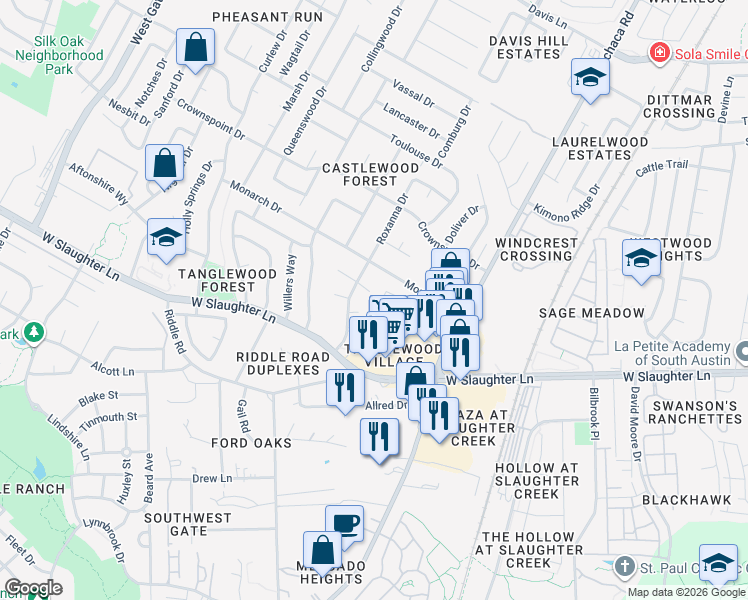 map of restaurants, bars, coffee shops, grocery stores, and more near 2207 Leah Cove in Austin