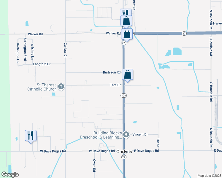 map of restaurants, bars, coffee shops, grocery stores, and more near 162 Tara Dr in Sulphur