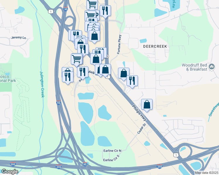 map of restaurants, bars, coffee shops, grocery stores, and more near 10564 Philips Highway in Jacksonville