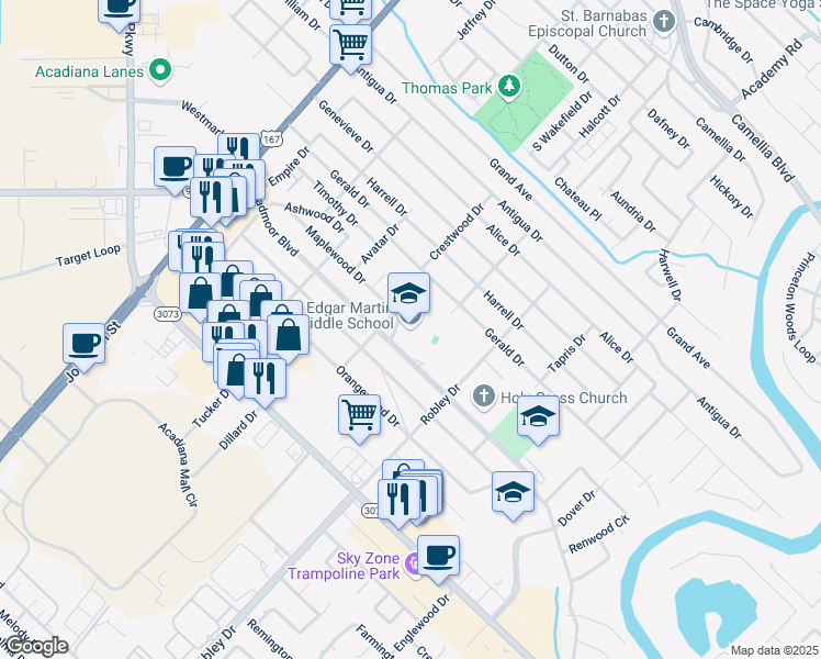 map of restaurants, bars, coffee shops, grocery stores, and more near 401 Broadmoor Boulevard in Lafayette