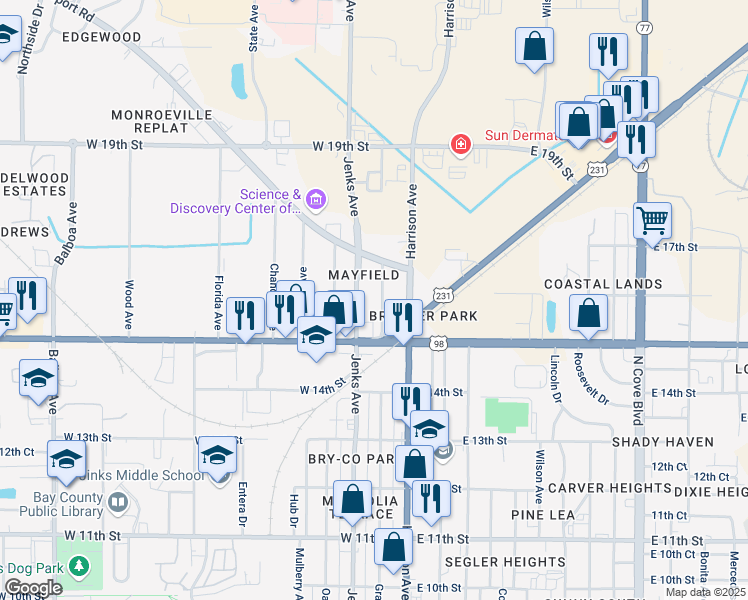 map of restaurants, bars, coffee shops, grocery stores, and more near 1527 Grace Avenue in Panama City