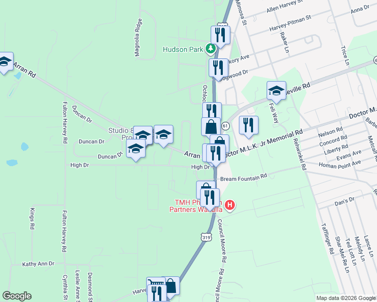 map of restaurants, bars, coffee shops, grocery stores, and more near 7 Covington Circle in Crawfordville
