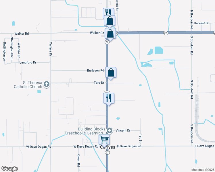 map of restaurants, bars, coffee shops, grocery stores, and more near 100-162 Tara Dr in Sulphur