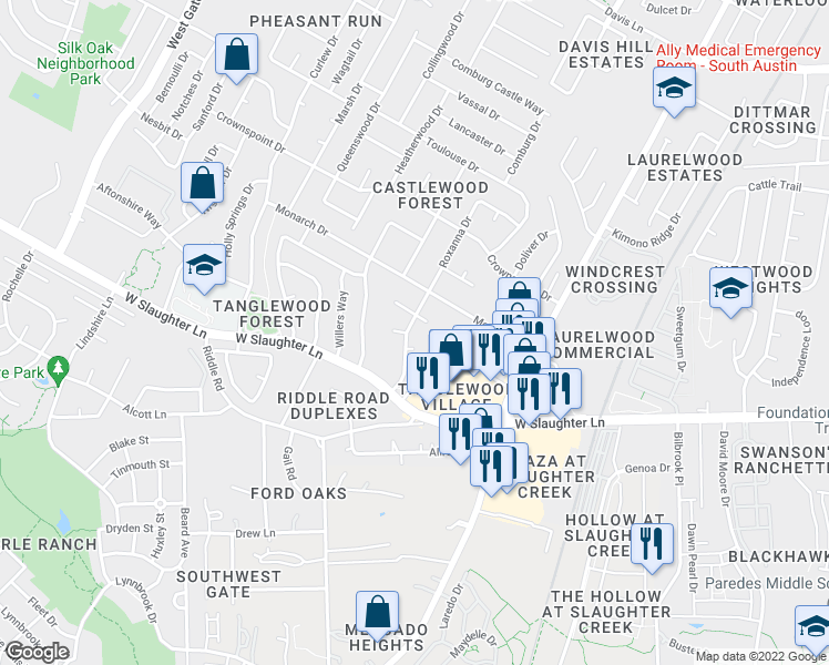 map of restaurants, bars, coffee shops, grocery stores, and more near 2207 Leah Cove in Austin