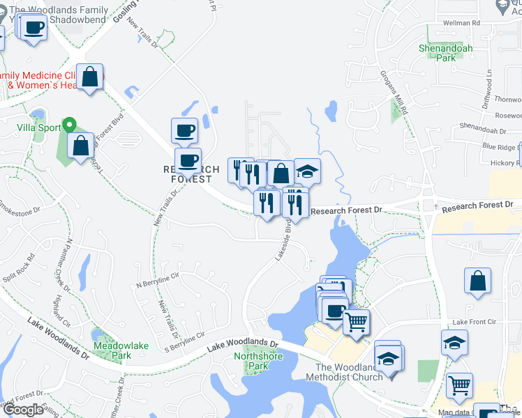 map of restaurants, bars, coffee shops, grocery stores, and more near 8901 Research Park Drive in The Woodlands