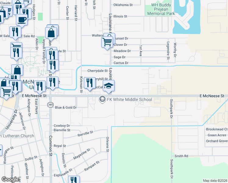 map of restaurants, bars, coffee shops, grocery stores, and more near 4458-4498 Louisiana Avenue in Lake Charles