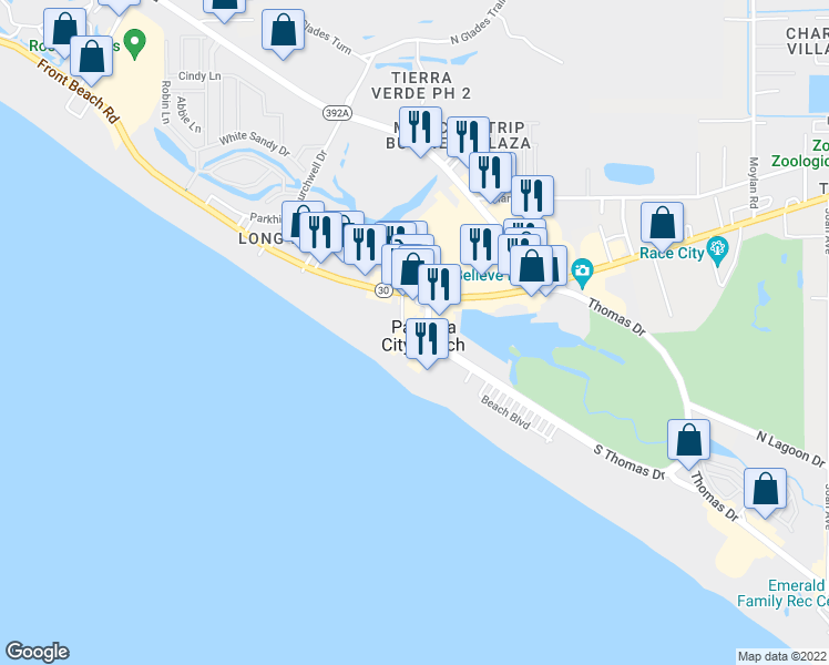 map of restaurants, bars, coffee shops, grocery stores, and more near 9900 South Thomas Drive in Panama City