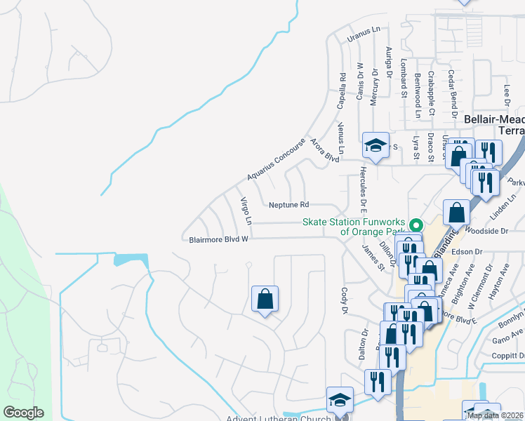 map of restaurants, bars, coffee shops, grocery stores, and more near 240 Neptune Road in Orange Park
